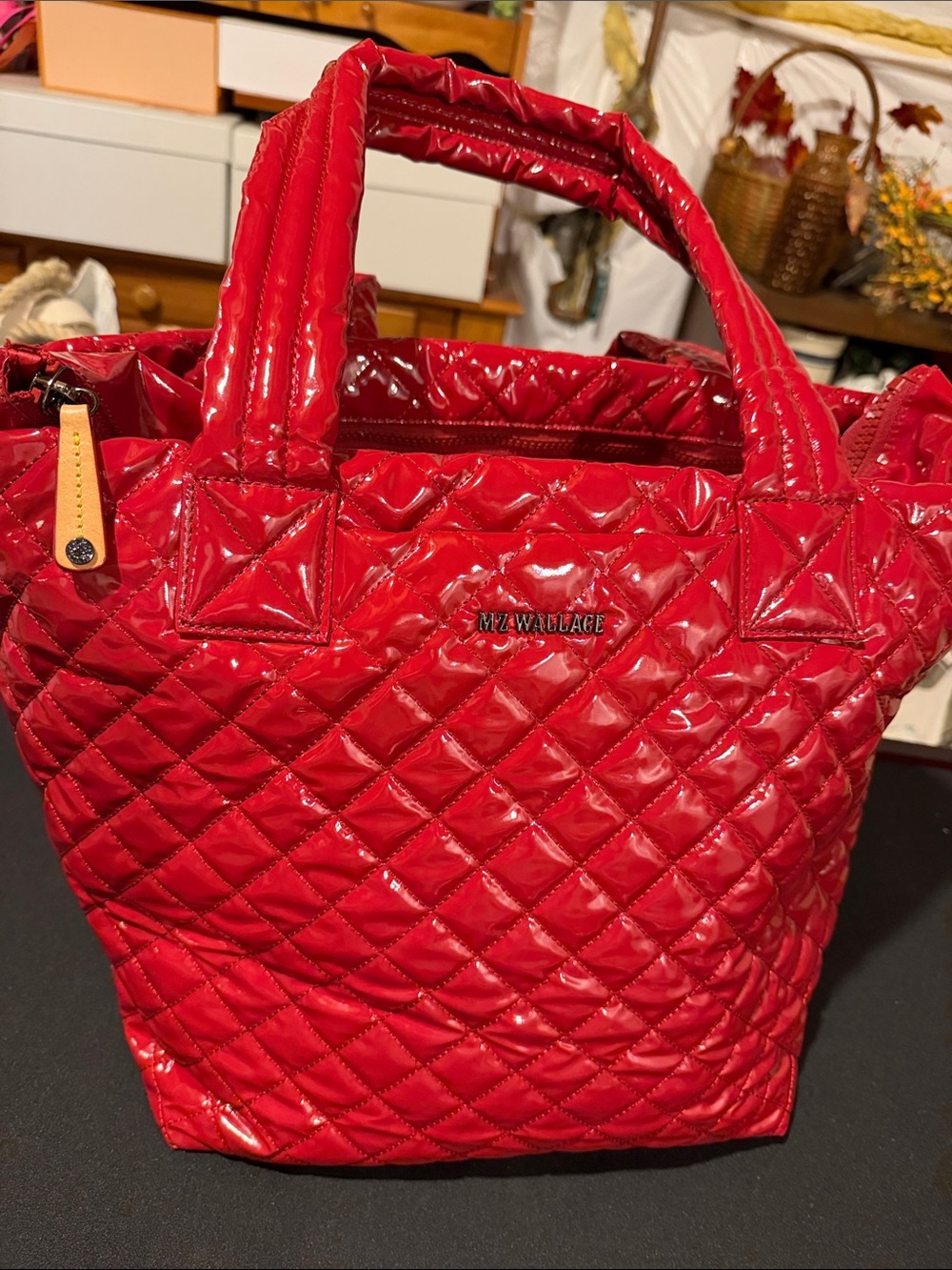 MZ Wallace red lacquer tote quilted